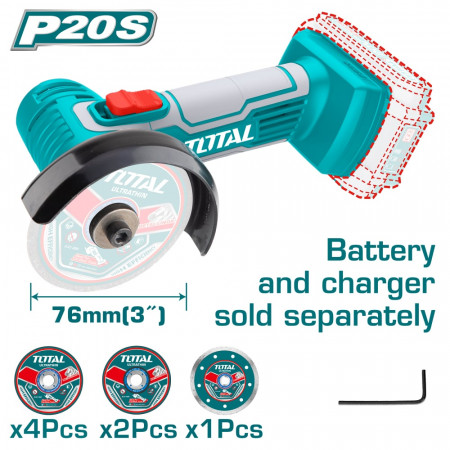 Акумулаторен мини ъглошлайф TOTAL TAGLI7601, 20 V, Ф 76 мм, без батерия
