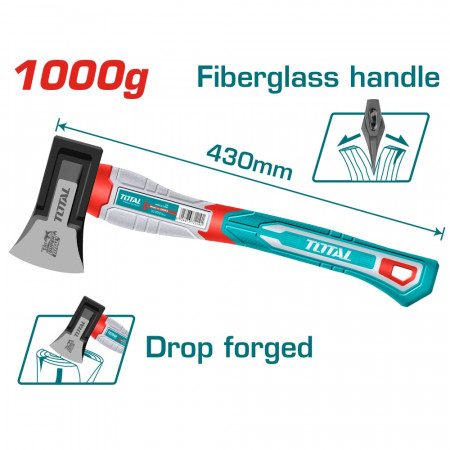 Брадва с клин за цепене на дърва TOTAL, дръжка от фибростъкло, 1 кг