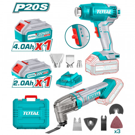 Комплект акумулаторни пистолет за горещ въздух и мулти инструмент TOTAL, 20V, 2Ah, 4Ah