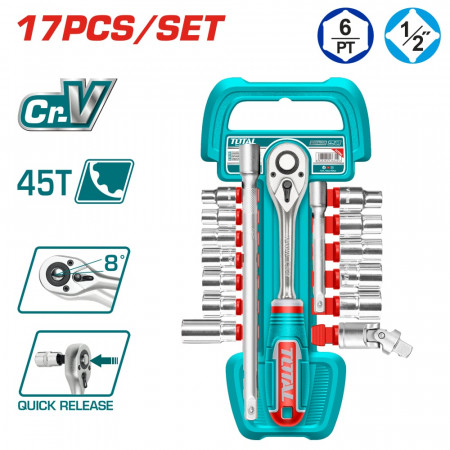 Комплeкт тресчотка и вложки TOTAL INDUSTRIAL, 1/2", 17 части