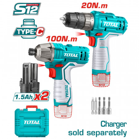 Комплект акумулаторен винтоверт и ударен винтоверт TOTAL, 12 V, 2 x 1.5 Ah