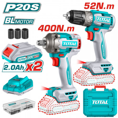 Комплект акумулаторни винтоверт и ударен гайковерт TOTAL, 20 V, 2 x 2 Ah