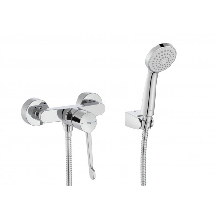 Стенен смесител за душ с аксесоари. Ръкохватка, подходяща за хора с намалена подвижност