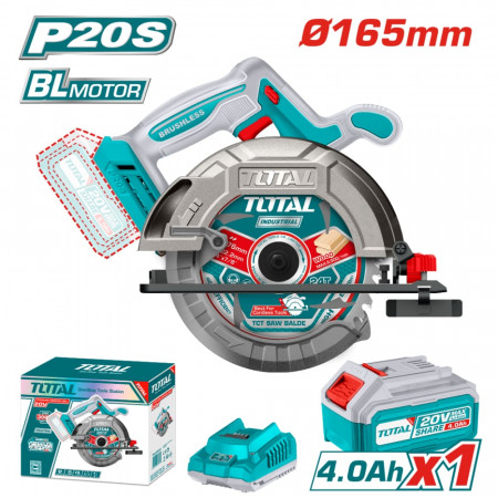 Акумулаторен безчетков ръчен циркуляр TOTAL INDUSTRIAL, 20 V, 1 x 4 Ah, Ø 165 мм