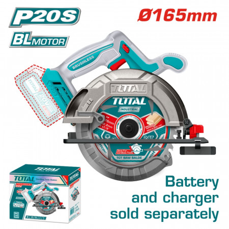 Акумулаторен безчетков ръчен циркуляр TOTAL INDUSTRIAL, 20 V, Ø 165 мм, без батерия