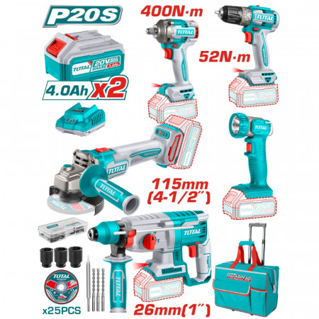 Комплект акумулаторни инструменти TOTAL INDUSTRIAL, 20 V, 2 x 4 Ah