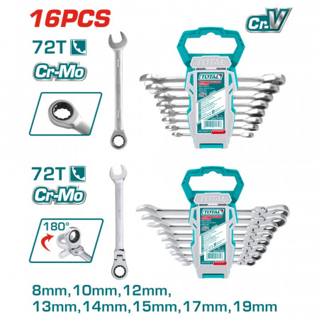 Комплект ключове TOTAL INDUSTRIAL, CrV, 8 - 19 мм, 16 части