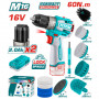 Акумулаторен безчетков винтоверт с четки TOTAL, 16 V, 2 x 2 Ah, 60 Nm