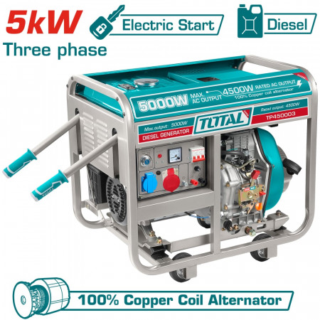 Дизелов трифазен генератор с дръжки и колела TOTAL, AVR, 5 kW