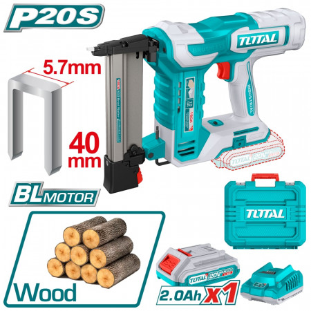 Акумулаторен такер за скоби TOTAL INDUSTRIAL, 20 V, 40 мм, 2 x 1 Ah