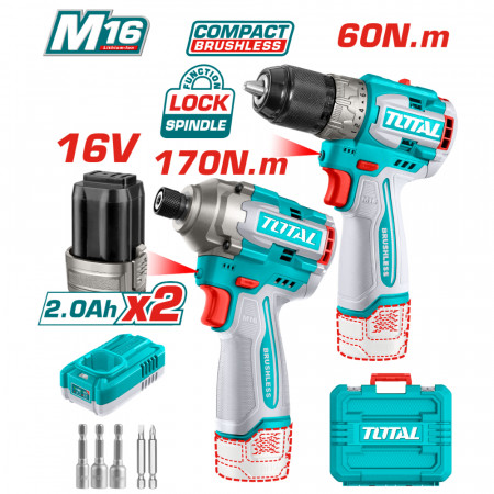 Комплект акумулаторни винтоверт и ударен винтоверт TOTAL, 16 V, 2 x 2 Ah