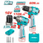 Комплект акумулаторни винтоверт и ударен винтоверт TOTAL, 16 V, 2 x 2 Ah
