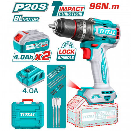 Акумулаторен ударен безчетков винтоверт TOTAL Industrial, 20 V, 96 Nm, 2 x 4 Ah