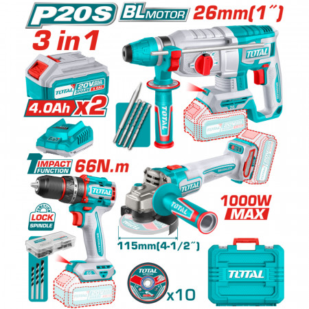 Комплект акумулаторни инструменти TOTAL TOSLI241198E, 20 V, 2 x 4 Ah