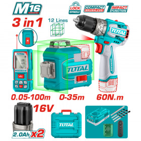 Комплект ударен винтоверт, лазерни нивелир и ролетка TOTAL, 16 V, 2 x 2 Ah