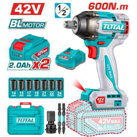 Акумулаторен ударен безчетков гайковерт TOTAL INDUSTRIAL, 1/2", 42 V, 2 х 2 Ah