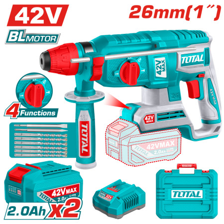 Акумулаторен безчетков перфоратор TOTAL INDUSTRIAL, SDS+, 42 V, 2 x 2 Ah, куфар