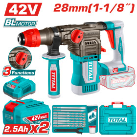 Акумулаторен безчетков перфоратор TOTAL INDUSTRIAL, SDS+, 42 V, 2 x 2.5 Ah, куфар
