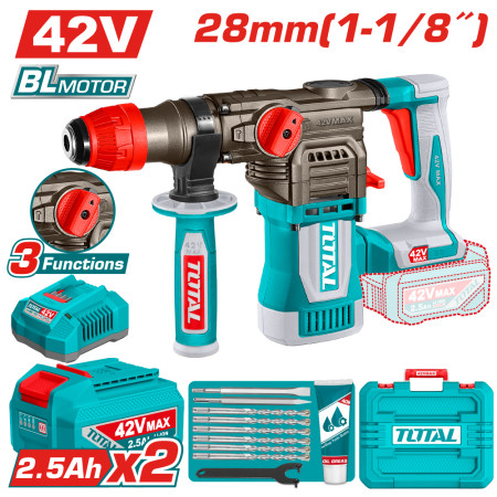 Акумулаторен безчетков перфоратор TOTAL INDUSTRIAL, SDS+, 42 V, 2 x 2.5 Ah, куфар