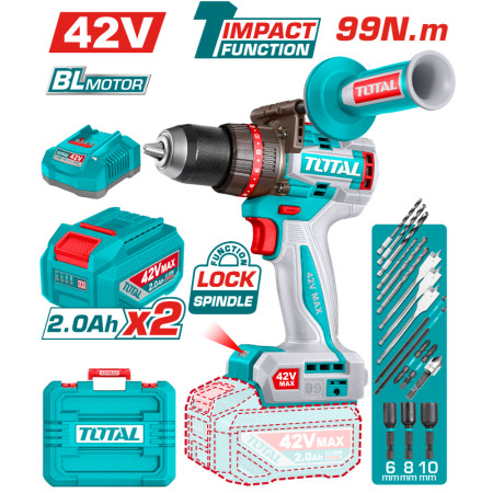 Акумулаторен ударен безчетков винтоверт TOTAL Industrial, 42 V, 2 x 2.0 Ah, 99 Nm, + аксесоари