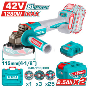 Акумулаторен безчетков ъглошлайф TOTAL TAGLI4128112E, Ø 115 мм, 42 V, 2 x 2.5 Ah