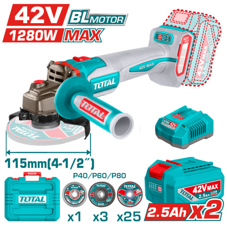 Акумулаторен безчетков ъглошлайф TOTAL TAGLI4128112E, Ø 115 мм, 42 V, 2 x 2.5 Ah