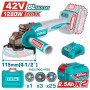 Акумулаторен безчетков ъглошлайф TOTAL TAGLI4128112E, Ø 115 мм, 42 V, 2 x 2.5 Ah