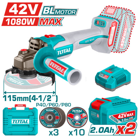 Акумулаторен безчетков ъглошлайф TOTAL TAGLI4108112E, Ø 115 мм, 42 V, 2 x 2 Ah